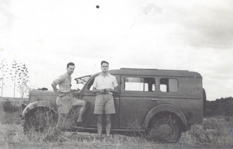 1948 MAF survey of central Africa. Jack Hemmings (right), Stuart King (left) stand in front of a jeep