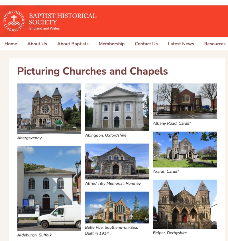 Screenshot of the Baptist Historical page showing small pictures of Baptist churches and chapels, arranged in alphabetical order. 8 church or chapel buildings are in this screenshot 