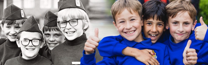 Boys Brigade alumni image shows 4 smiling boys on the left in black and white, denoting boys from the past, and a modern photo of 3 smiling boys on the right