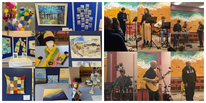 Collage of Shipley Baptist Church's creative weekend, showing a range of arts and crafts, paintings and musicians