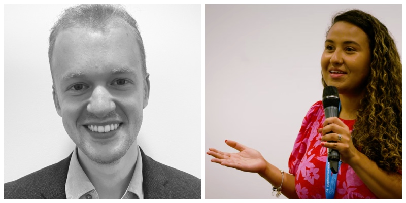 Collage, black and white headshot of Matt Ceasar, and Isabella Senior holding a microphone speaking at a gathering