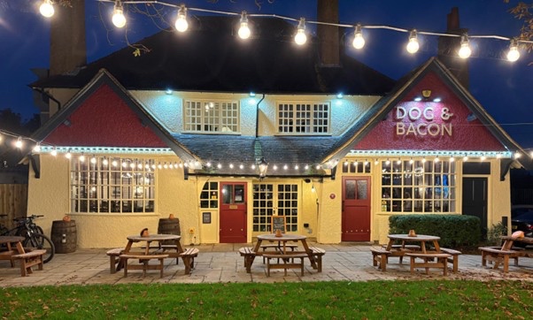 Dog and Bacon pub from the outside on a December night