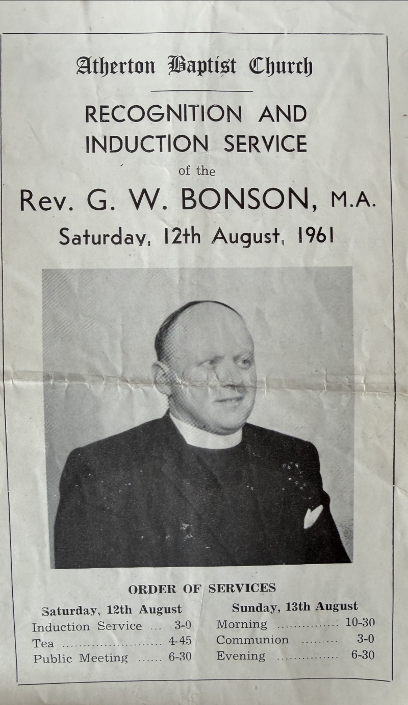 Black and white church flyer featuring the recognition service for Rev. G.W. Bonson on August 12, 1961, with a portrait of him in clerical attire.