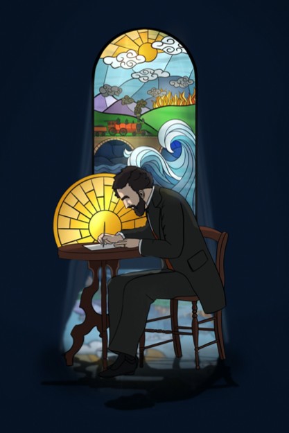 A man in a suit writes at a table in front of a vibrant stained glass window featuring sea waves, mountains, fire, and a train. The scene is contemplative. A digitally created image, not a photo