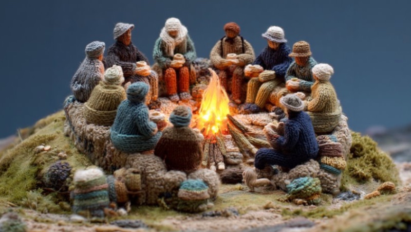 A group of knitted figures in cozy attire sit around a vibrant campfire on a grassy mound, holding mugs