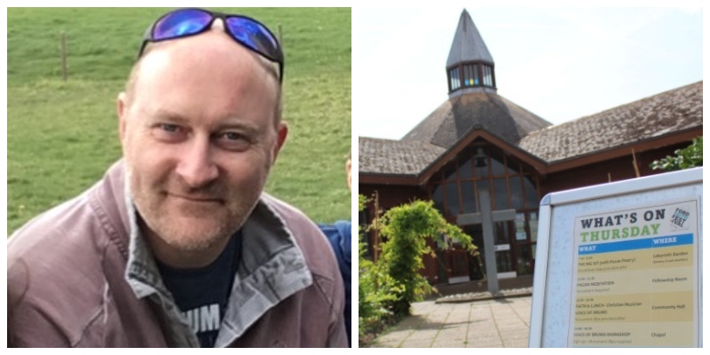 Andy Kerr wearing a brown jacket, smiles outdoors. The 2nd picture is HMP Ford, a building with a pointed roof. A sign in the foreground lists events for Thursday.