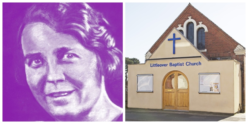 A side-by-side split image featuring a purple portrait sketch of a woman on the left (Violet Hedger), and the front entrance of Littleover Baptist Church with a blue cross on the right.